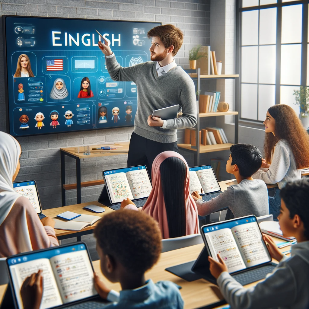 DALL·E 2023-11-22 22.46.37 – A classroom scene showcasing a modern and interactive learning environment. The teacher, a young Caucasian man, is using a high-tech interactive white