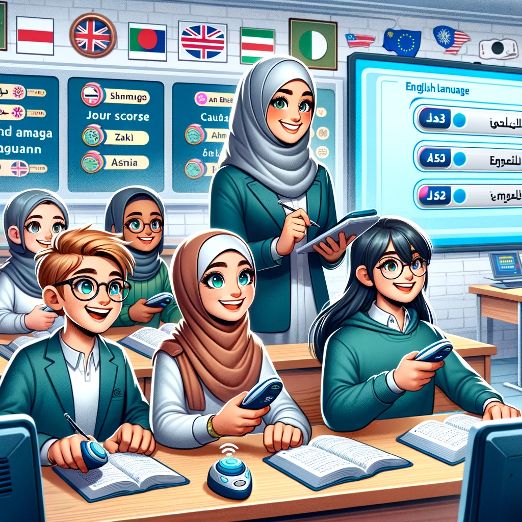 DALL·E 2023-11-22 22.47.33 – A classroom featuring an English language quiz competition, led by the teacher, a young Middle Eastern woman wearing a hijab and modest Islamic attire